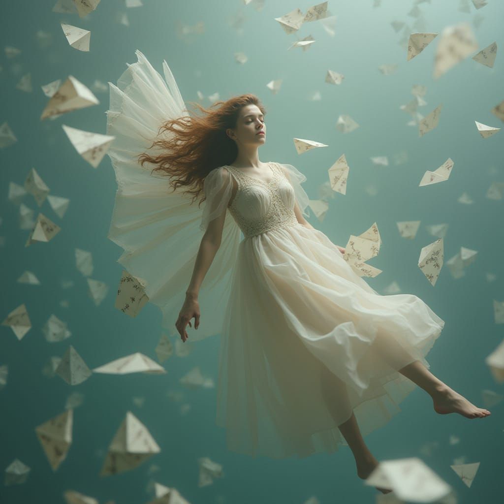 Woman in Infinite Space with Origami Paper Art