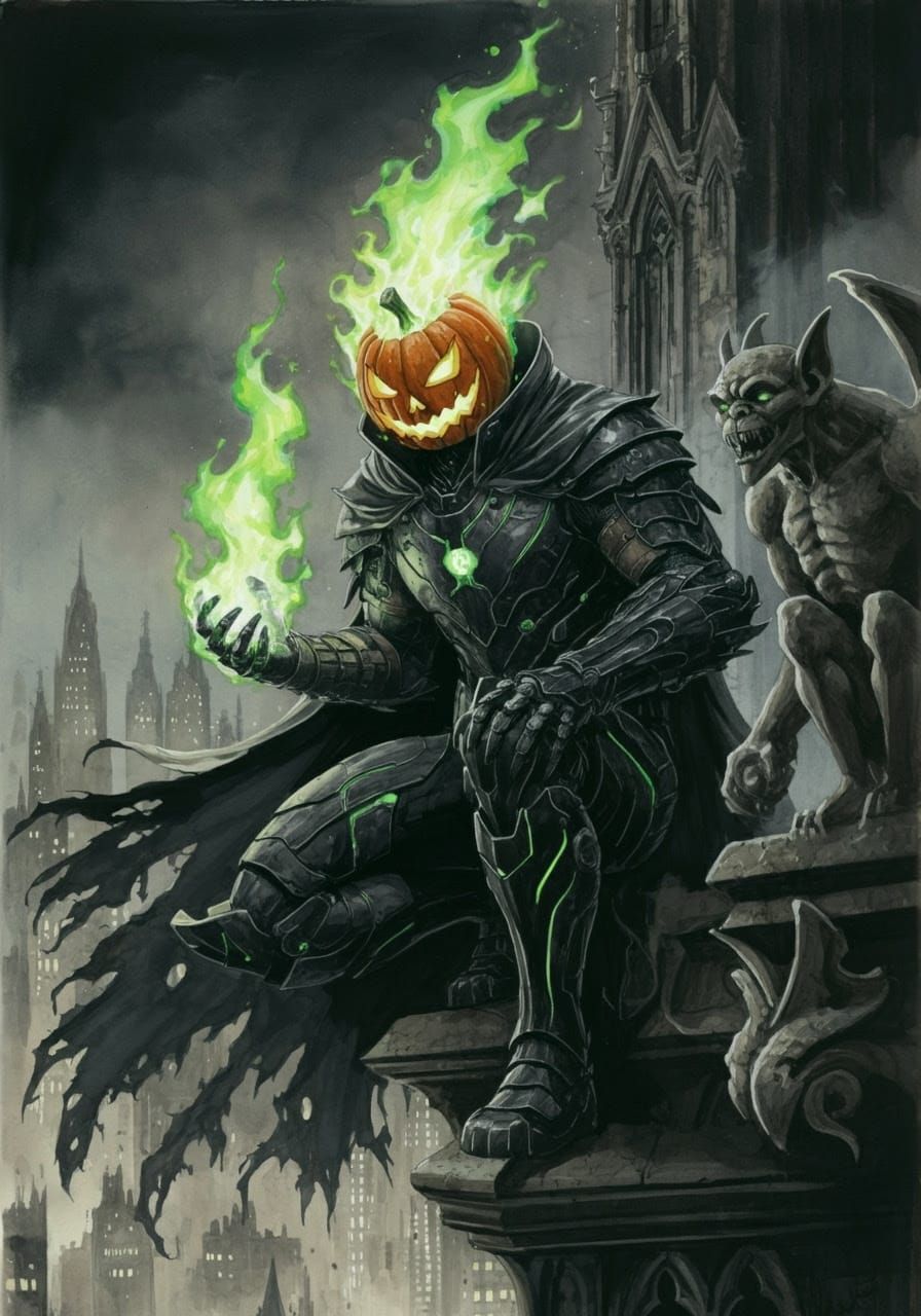Green Flame Superhero on Gothic Ledge