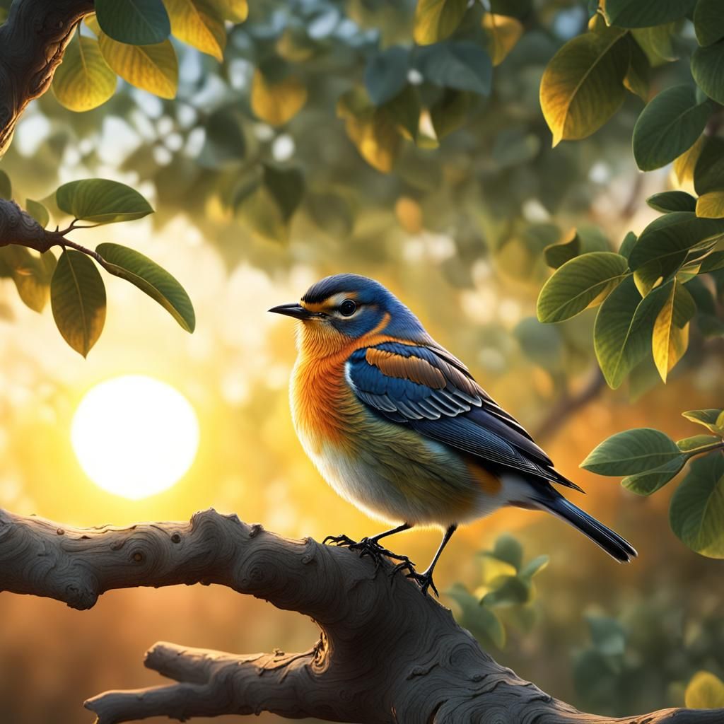 Little Bird Perches on a Tree in Vibrant Sunset