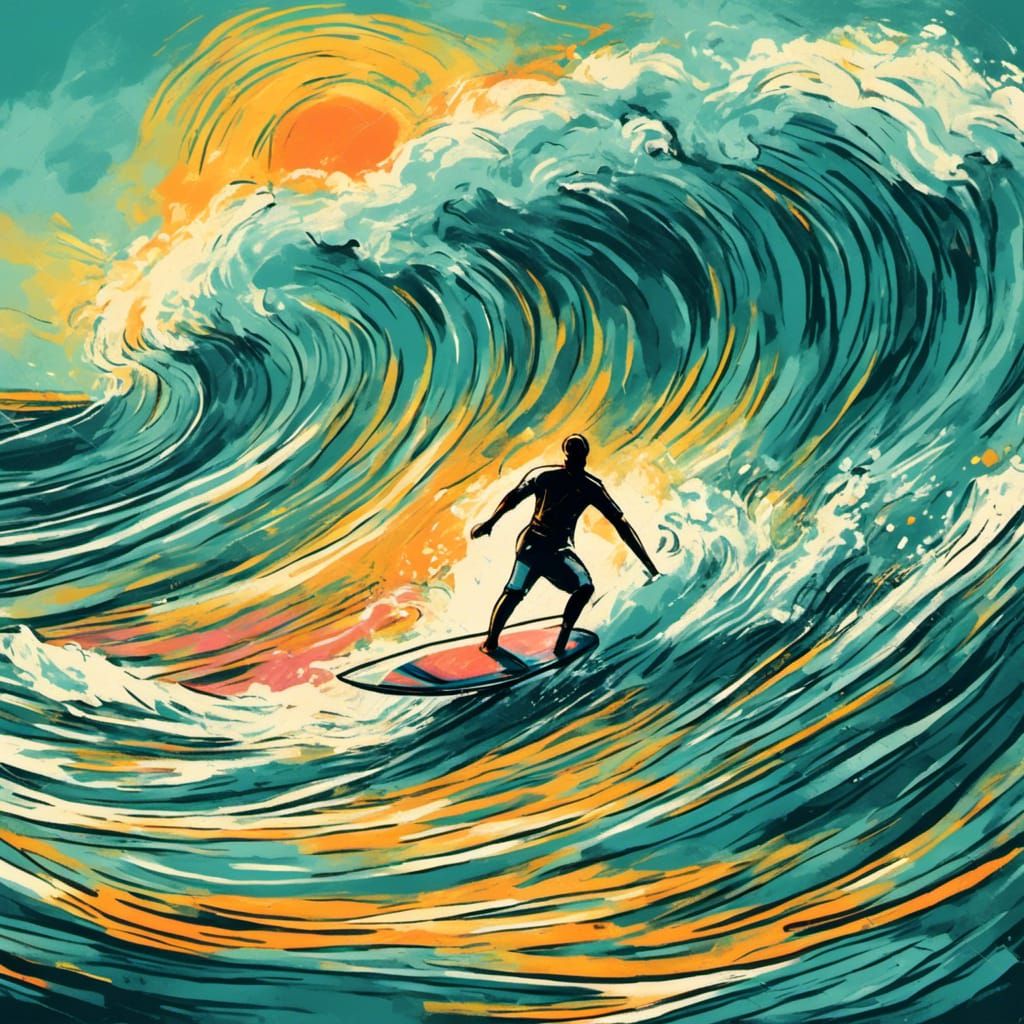 Vibrant Sunrise Surfer in Exaggerated Brushstrokes