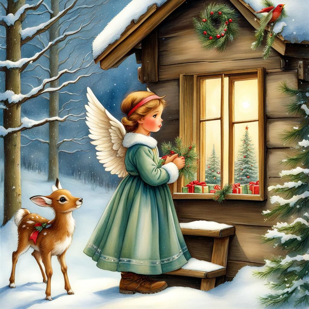 Christmas Landscape with a Gentle Angel and Wildlife