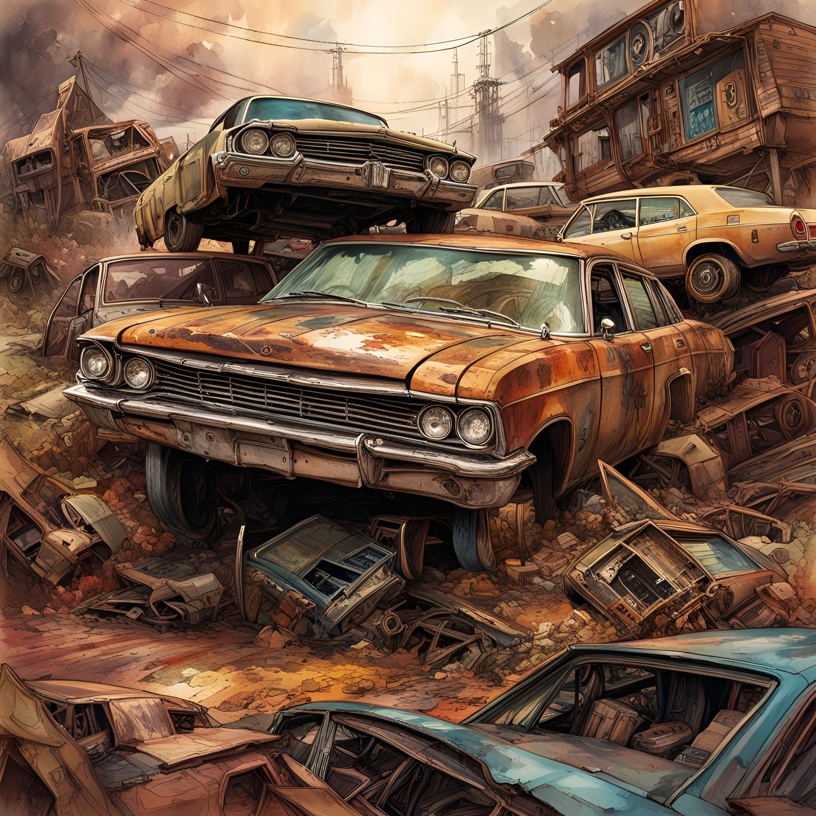 Post-Apocalyptic Wrecking Yard in Vibrant Wqrm Colors