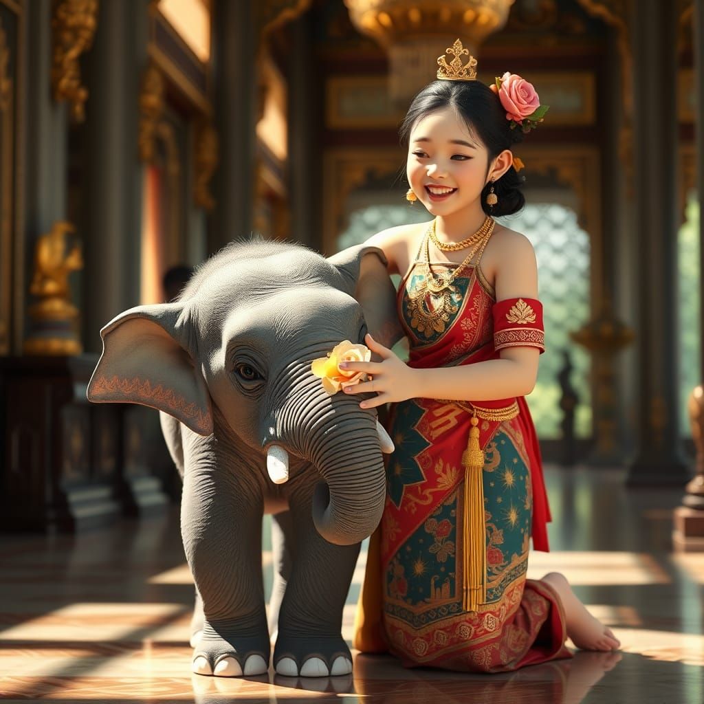 Surreal Girl Hugs Baby Elephant in Thai Temple