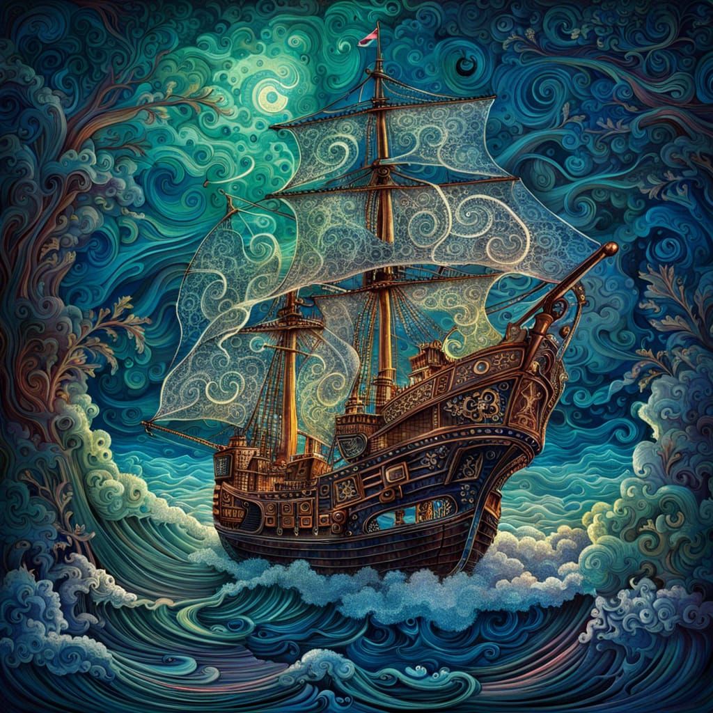 Whimsical Radioluminescent Pirate Ship in Enchanted Forest S...