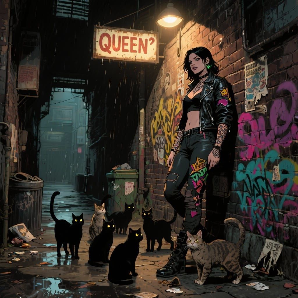 Alley Queen with Cat Companions in Gritty Urban Style