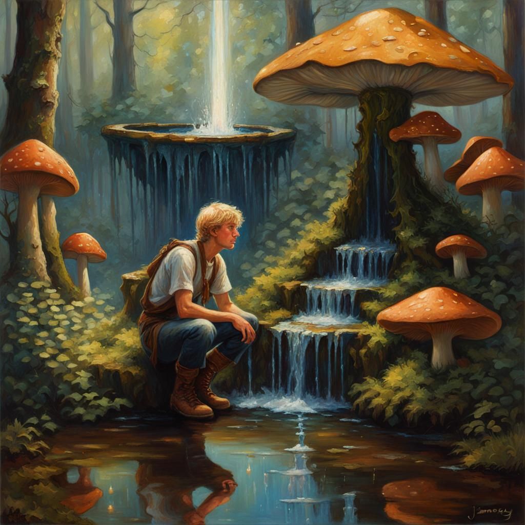 Young Elf Boy Beside Enchanted Waterfall in Whimsical Forest