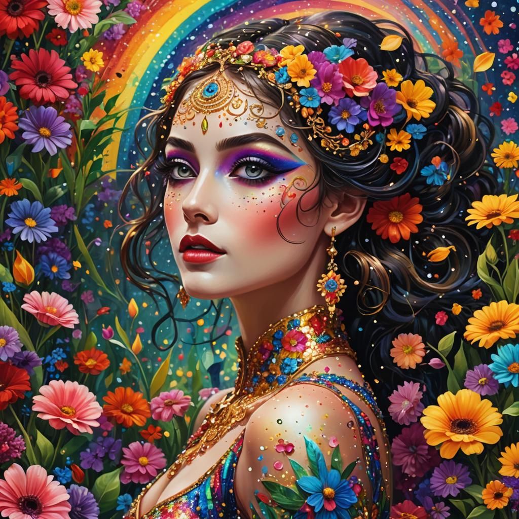 Surreal Dancer in Vibrant Rainbow Garden