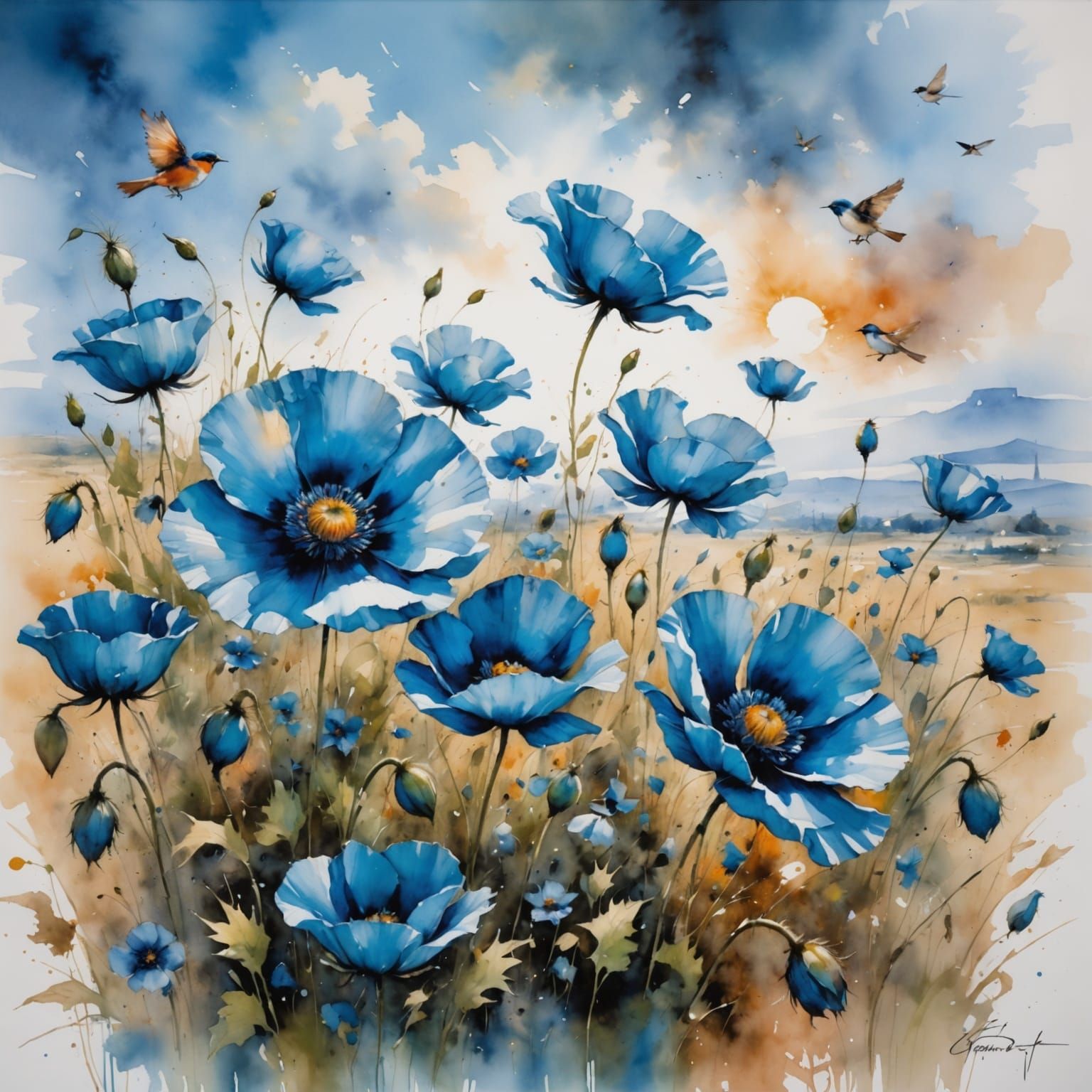 Blue Poppies in a Field Under a Breezy Sky