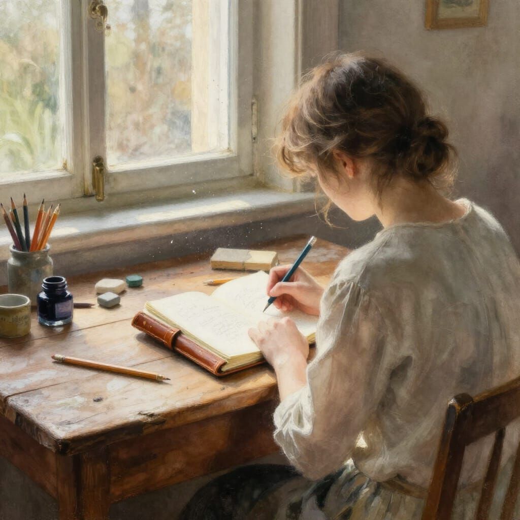 Artist Sketching at Table in Sunlight, Watercolor Style
