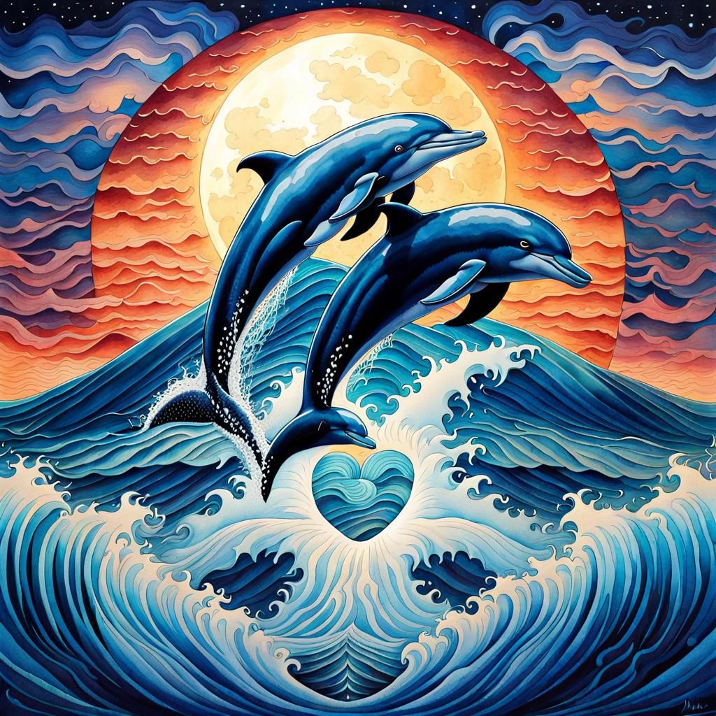 Ultra detailed watercolor illustration of two dolphins jumpi...