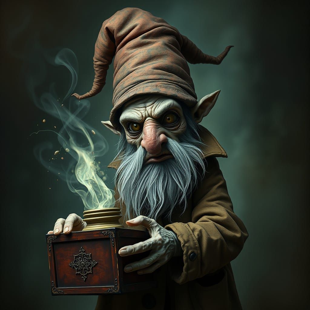 Eerie Gnome with Magic Box in Dark Romantic Style