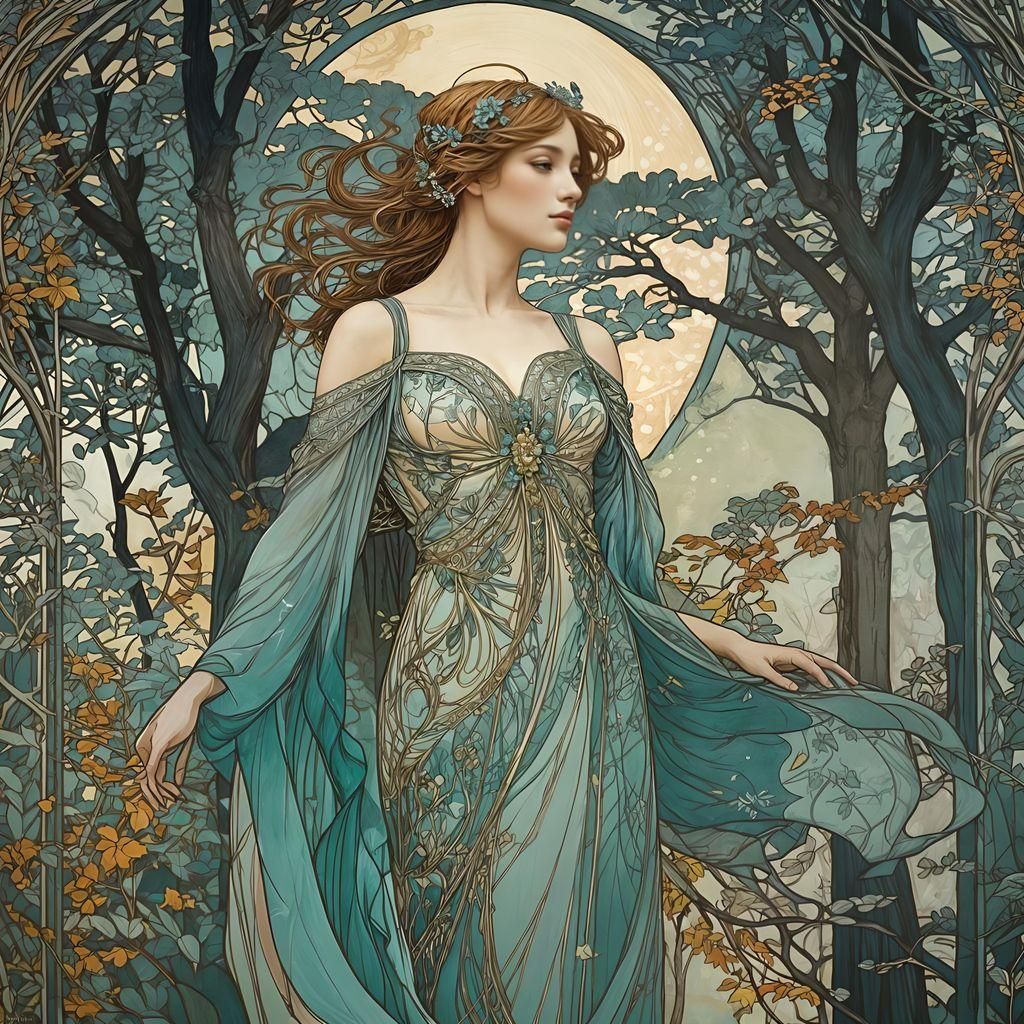 Enchanting Art Nouveau Scene with Elegantly Waiting Woman