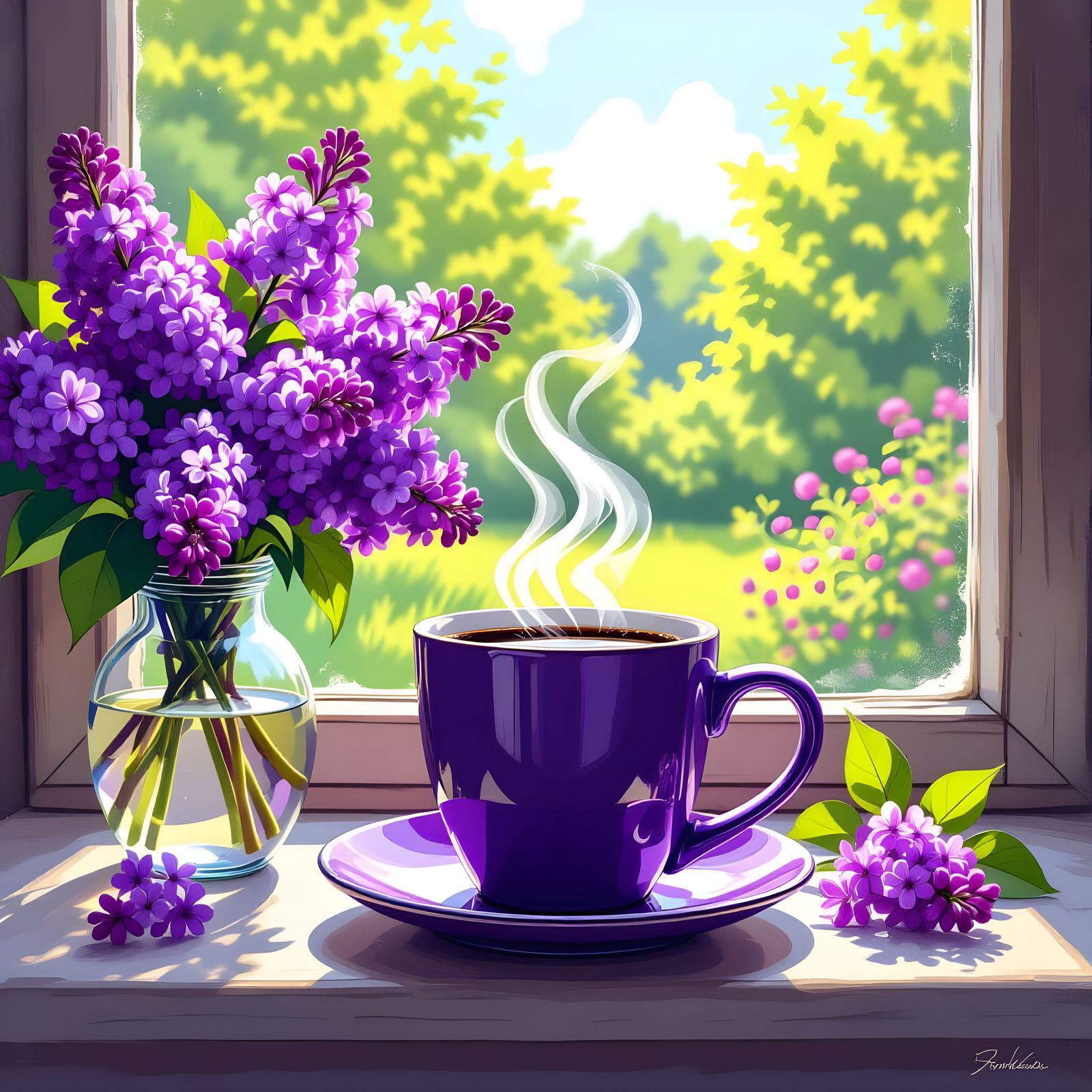 Coffee and Lilacs Still Life, Hyperrealistic Comic Style