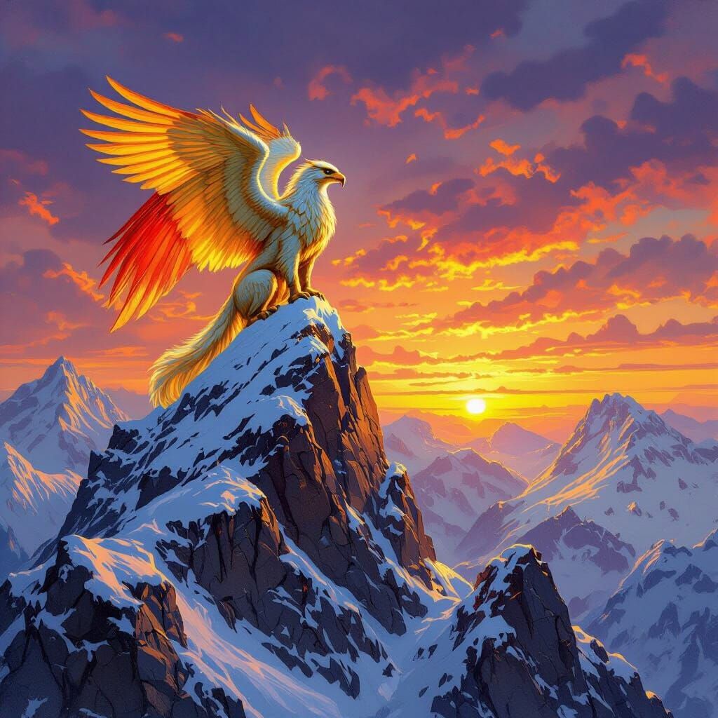 Griffin on Snow-Capped Peak in Oil Painting Style