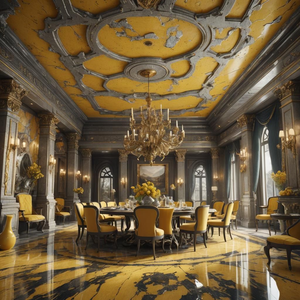 Surreal Yellow Granite Dining Room in Vibrant Color Palette