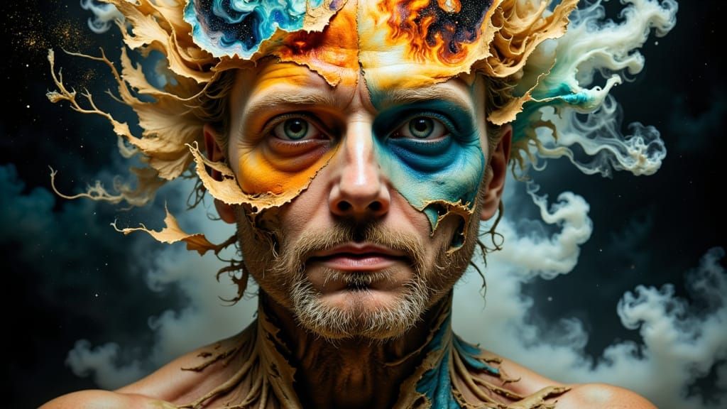 Elemental Face Formed from Torn Paper Layers