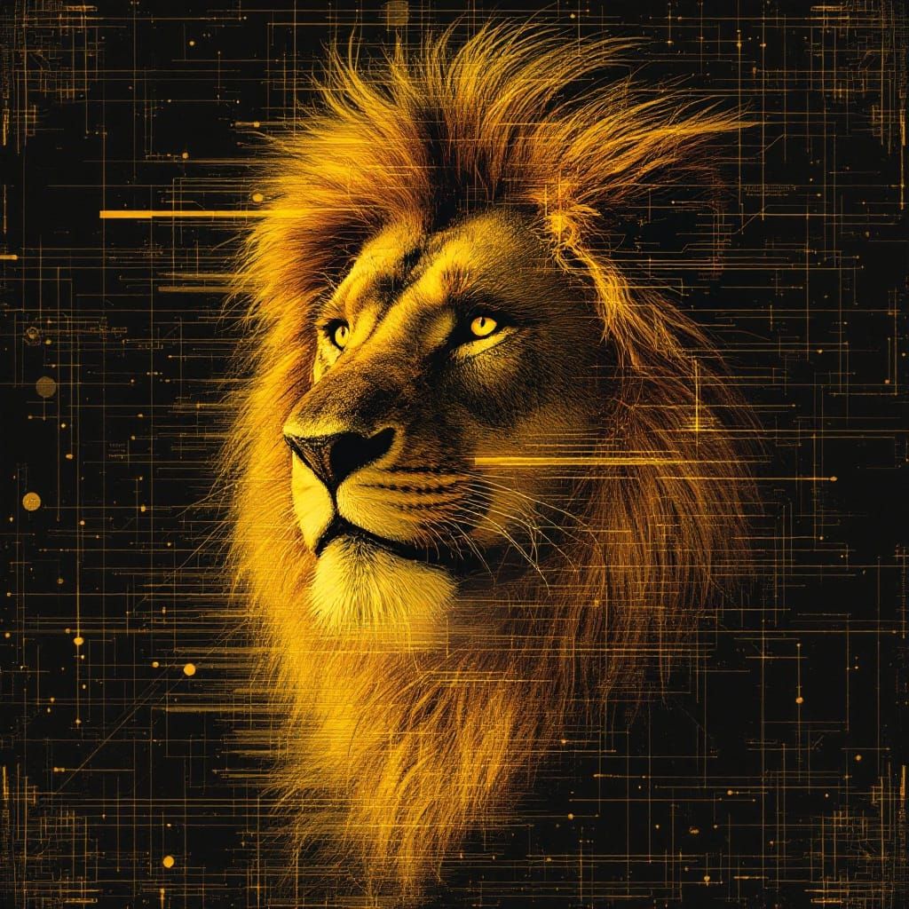 Surreal Lion King Portrait in Dürer-Inspired Glitch Art