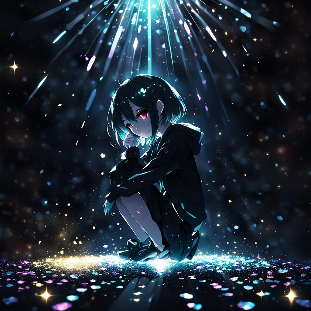 Celestial Sparkle: Vibrant Anime Girl in a Darkened Galactic...