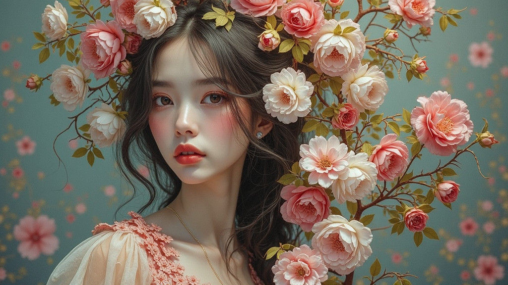 Elegant Woman with Floral Hair, Hyperrealistic Portrait