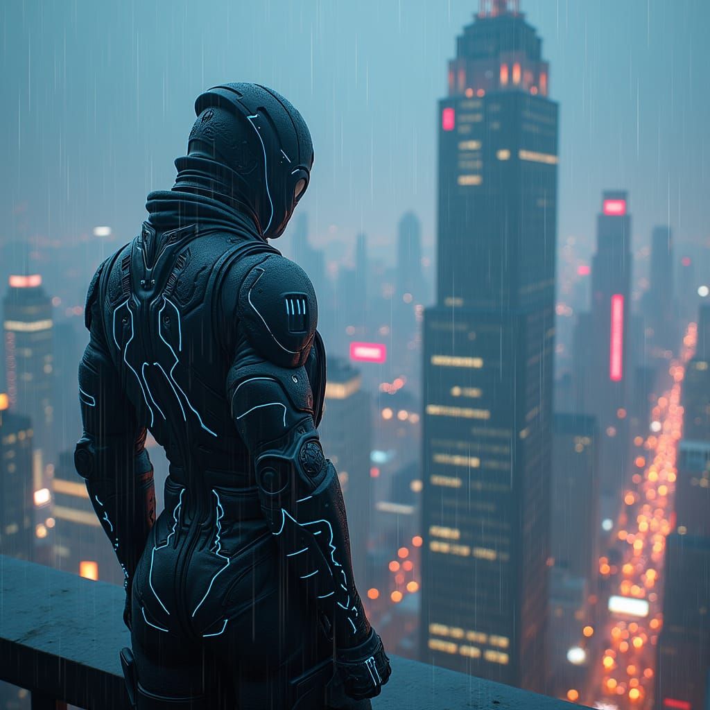 Cyberpunk Ninja Dominates Neo-Tokyo Skyscraper