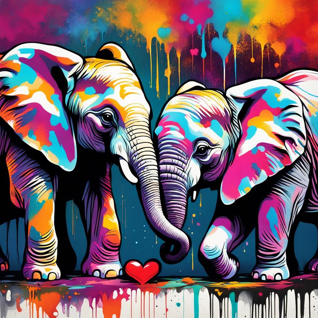 Romantic Baby Elephants Graffiti Art