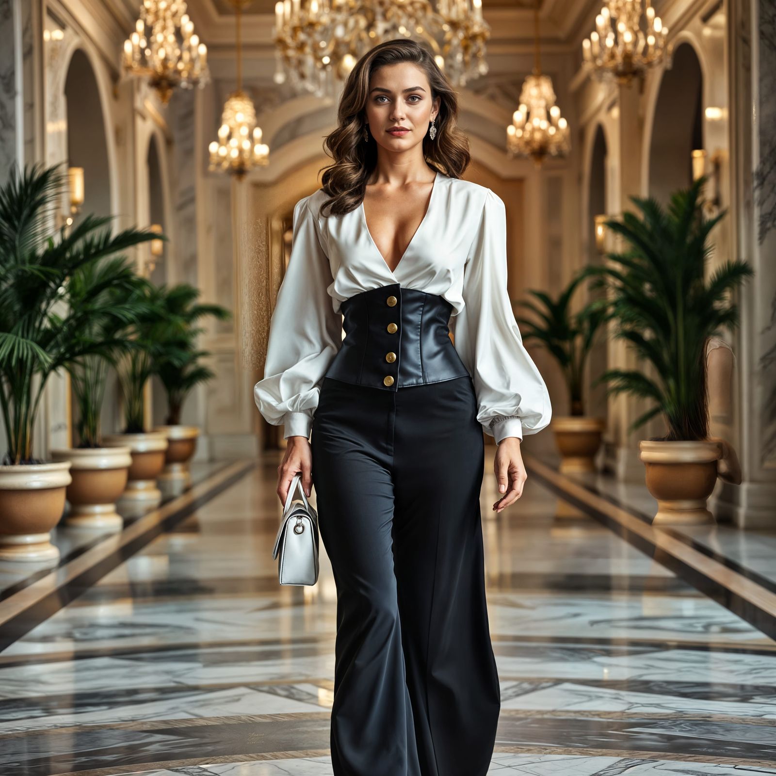 Elegant Woman in Opulent Hotel Lobby