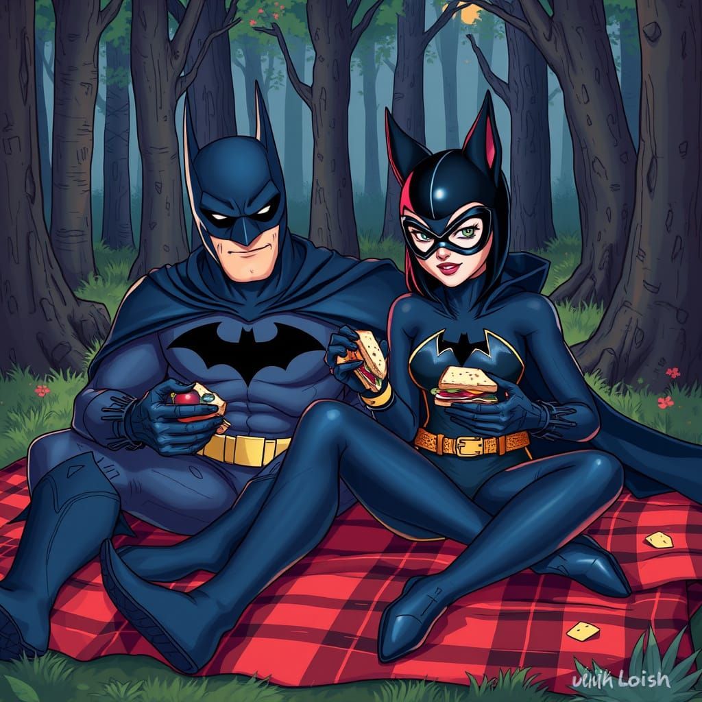 Batman and Catwoman Picnic in Vibrant Digital Art