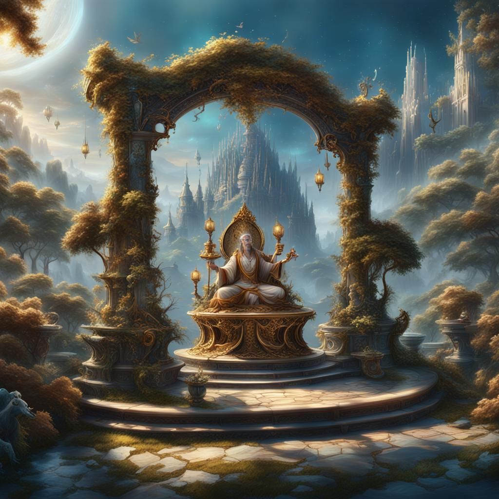 Divine Celestial Ensemble in Vibrant Fantasy Garden