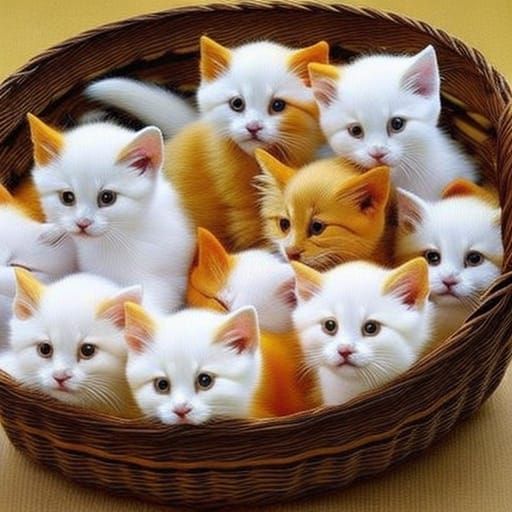 Whimsical Basket of Cuddly Orange and White Kittens in Reali...