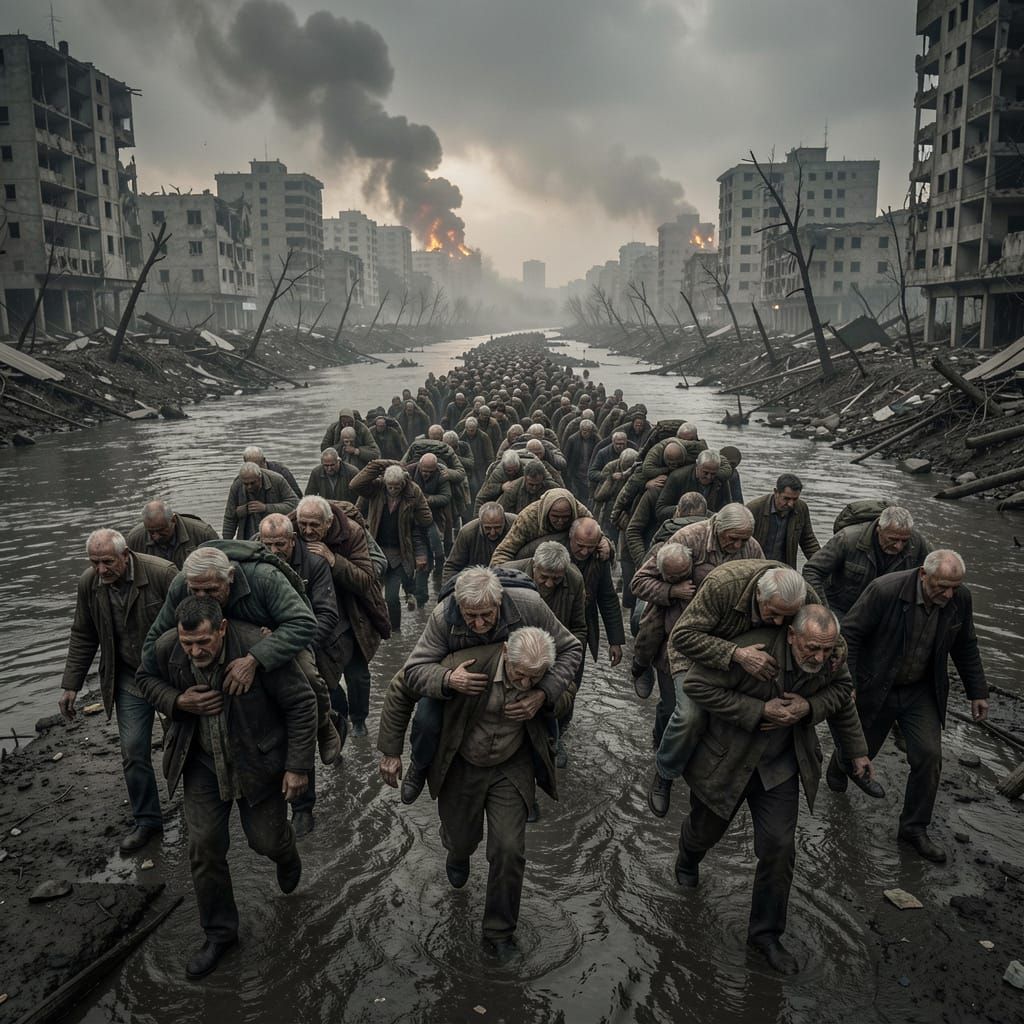 Nuclear Strike Aftermath: Survivors Cross Barren River