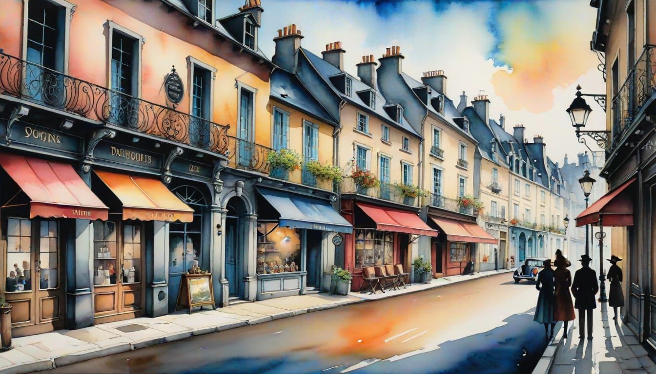 Watercolor French Street Scene with Black Ink Outlines