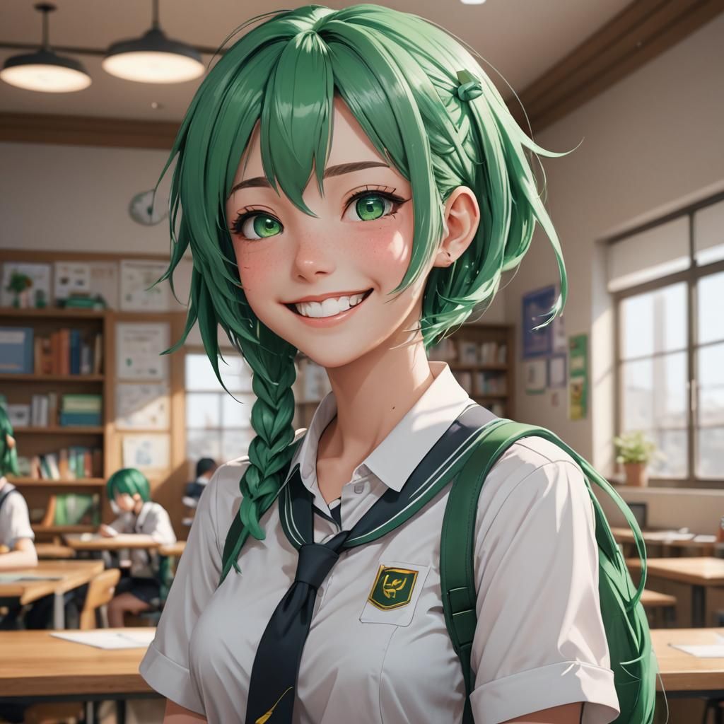 Green-Haired Teen Giggles in 3D Anime Art Style