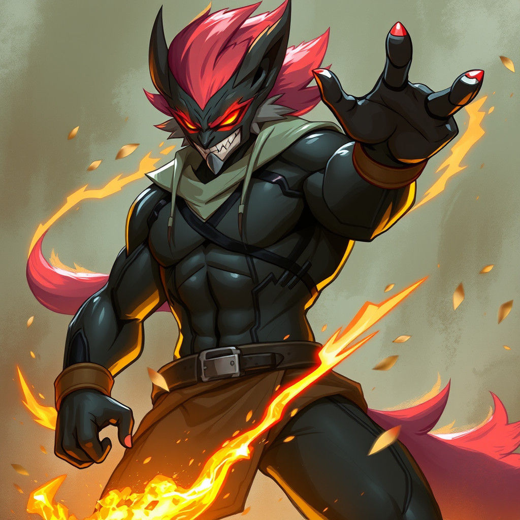 The smart, kind male Zoroark-morph street fighter. He has an overmuscled build. His wardrobe is impractical in a glass j...