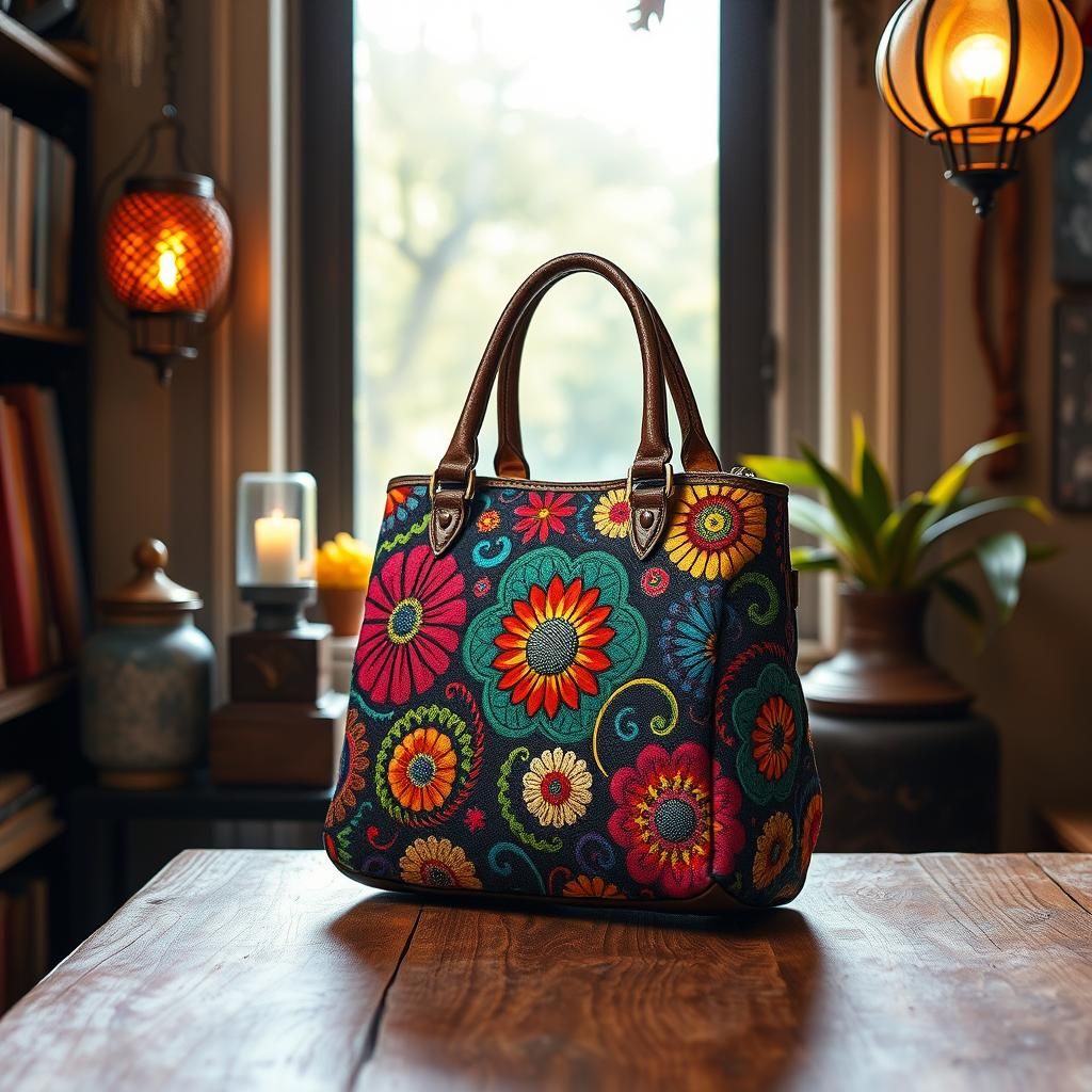Psychedelic Bohemian Handbag in Vibrant, Retro Setting