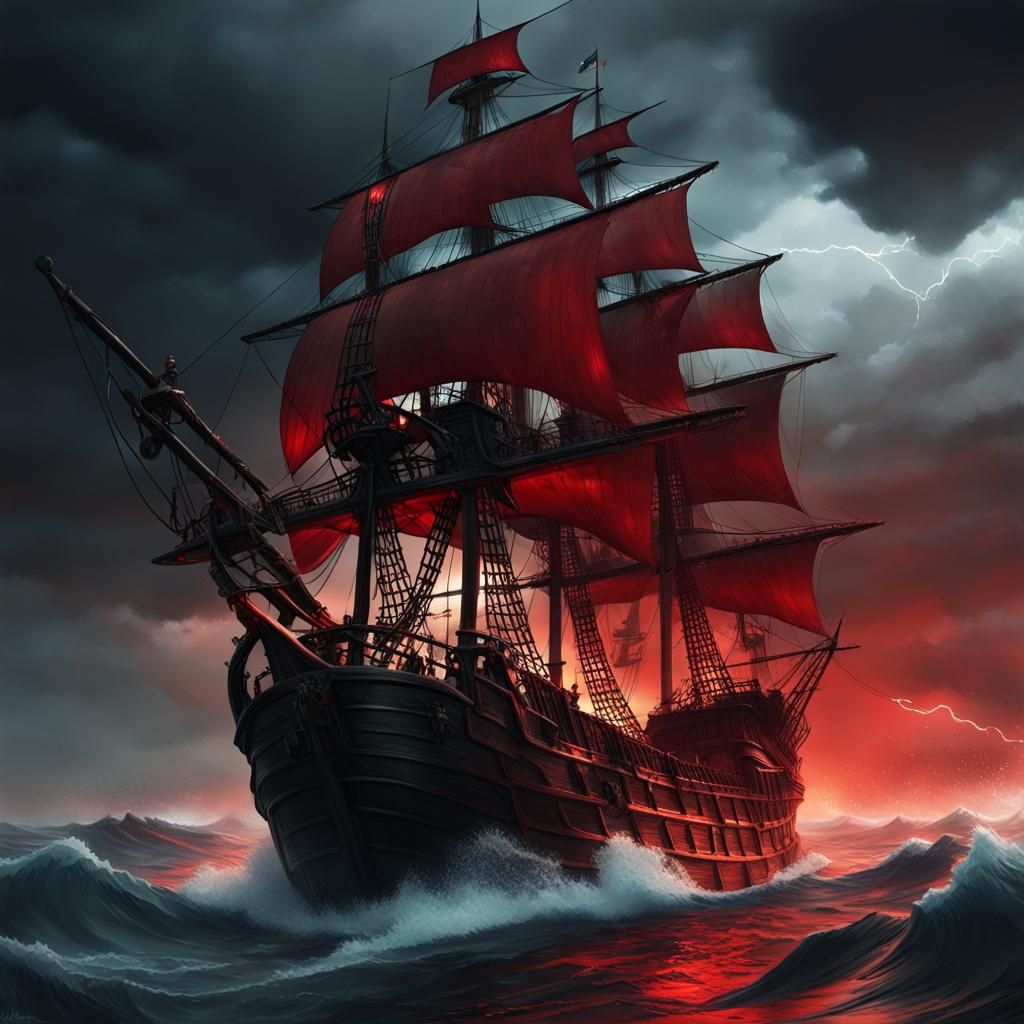Surreal Pirate Ship Dominates the Red Stormy Seas