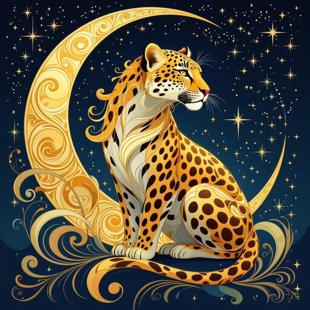 Golden Leopard Beside Crescent Moon in Ethereal Fantasy Art