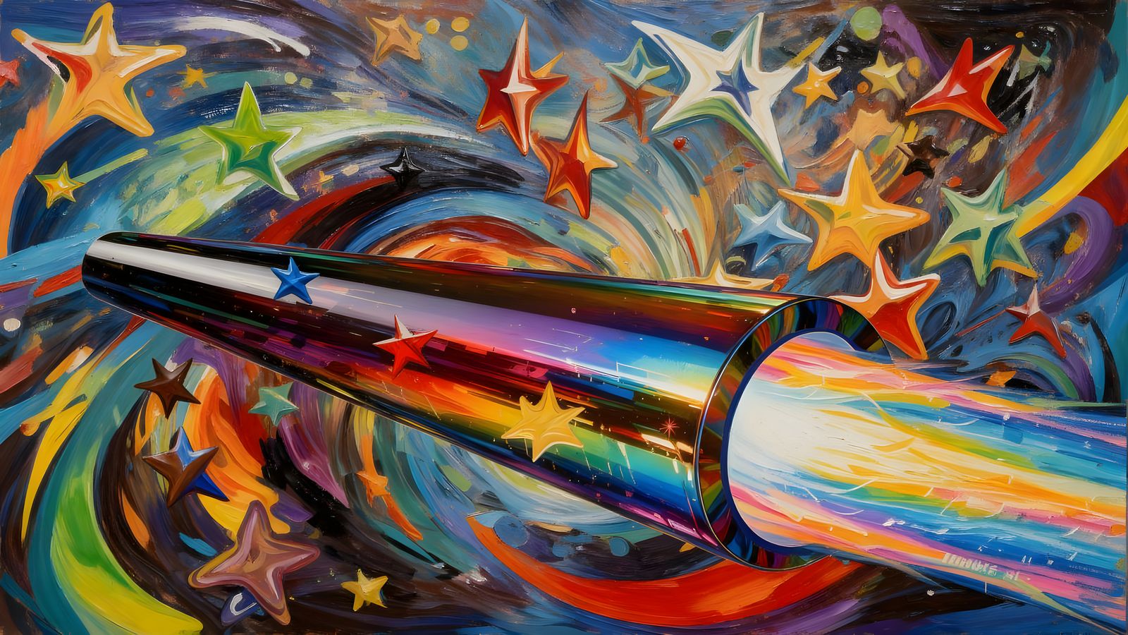 Sleek Rainbow Cylinder with Vortex Exhaust in Impasto Style
