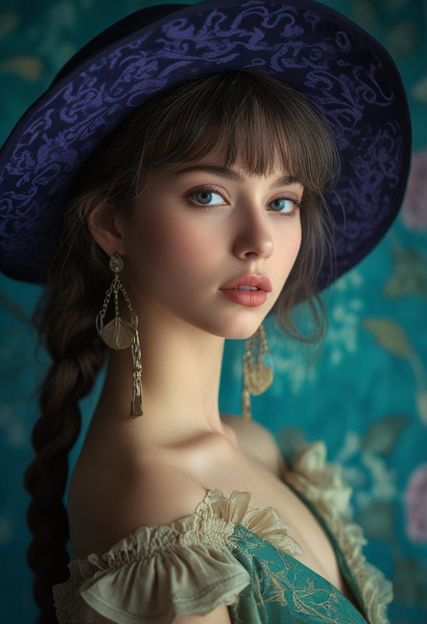 Vintage Woman in Whimsical Green Dress with Braided Hair and...