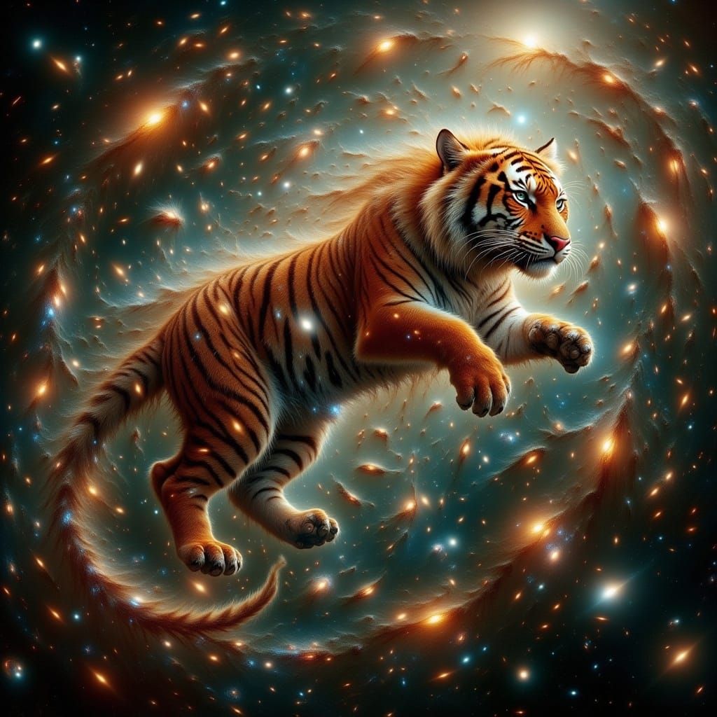 Surreal Tiger Leaps Through Jungle Canopy in a Futuristic St...