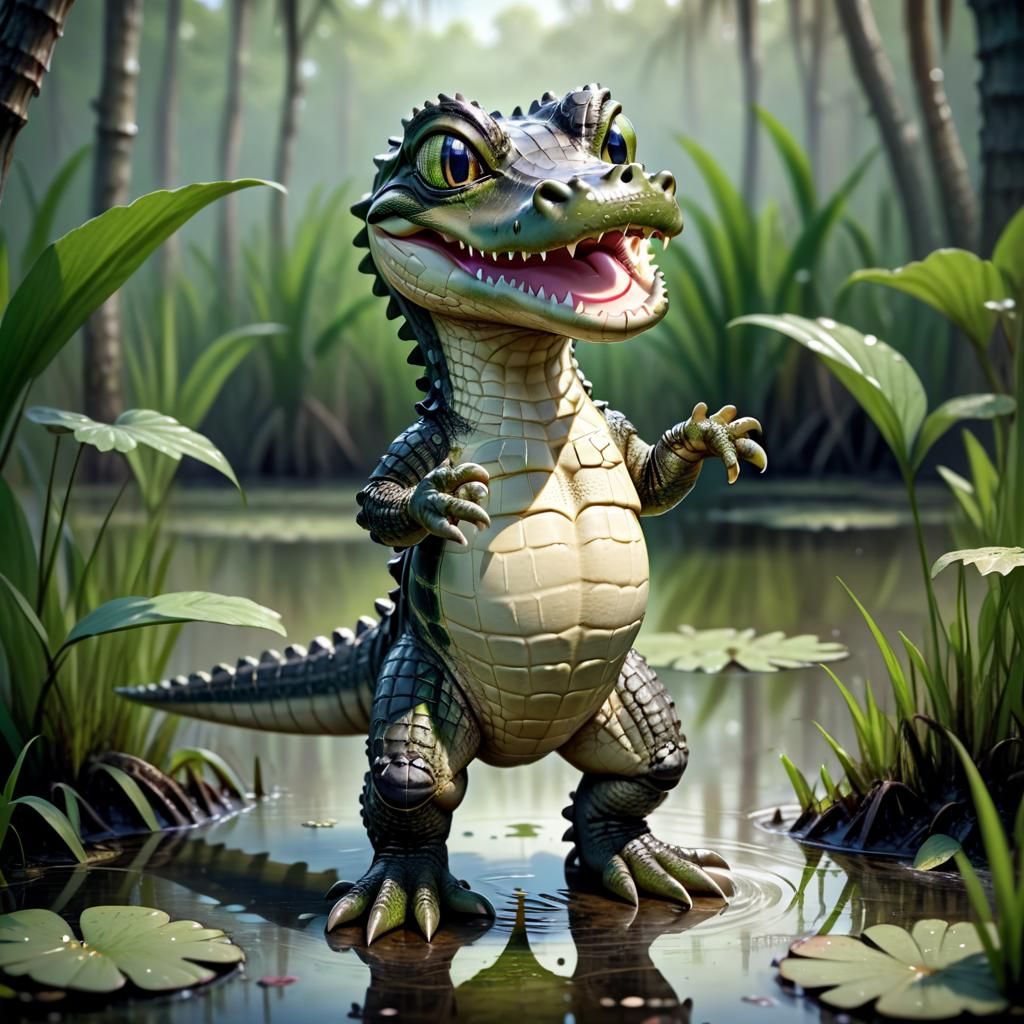 Chibi Alligator in Moody Swamp Scene