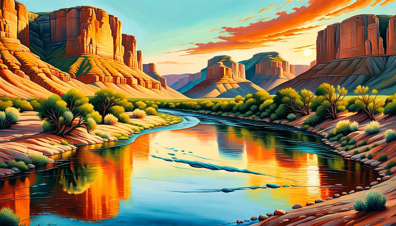 Landscape Painting of the Pecos River in Warm Sunset Light