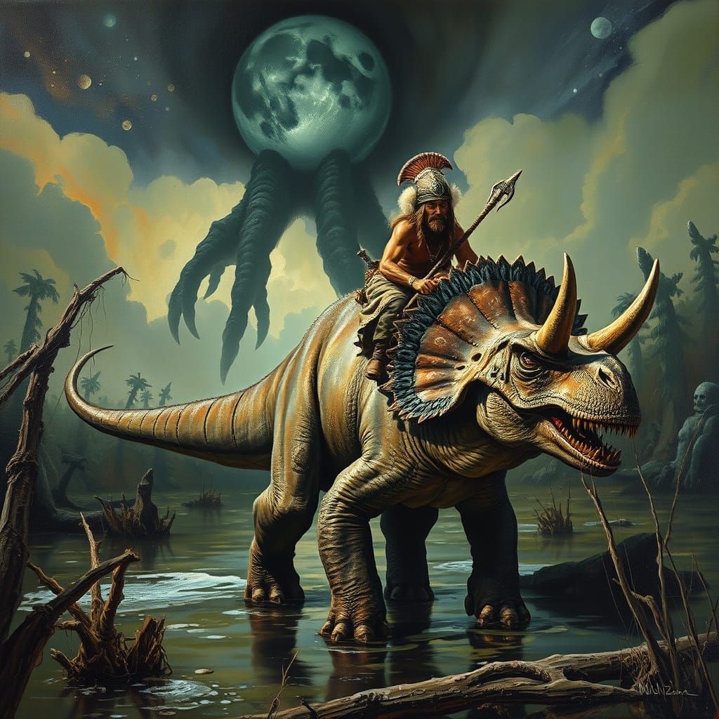 Barbarian Warrior on Triceratops in Impressionistic Style