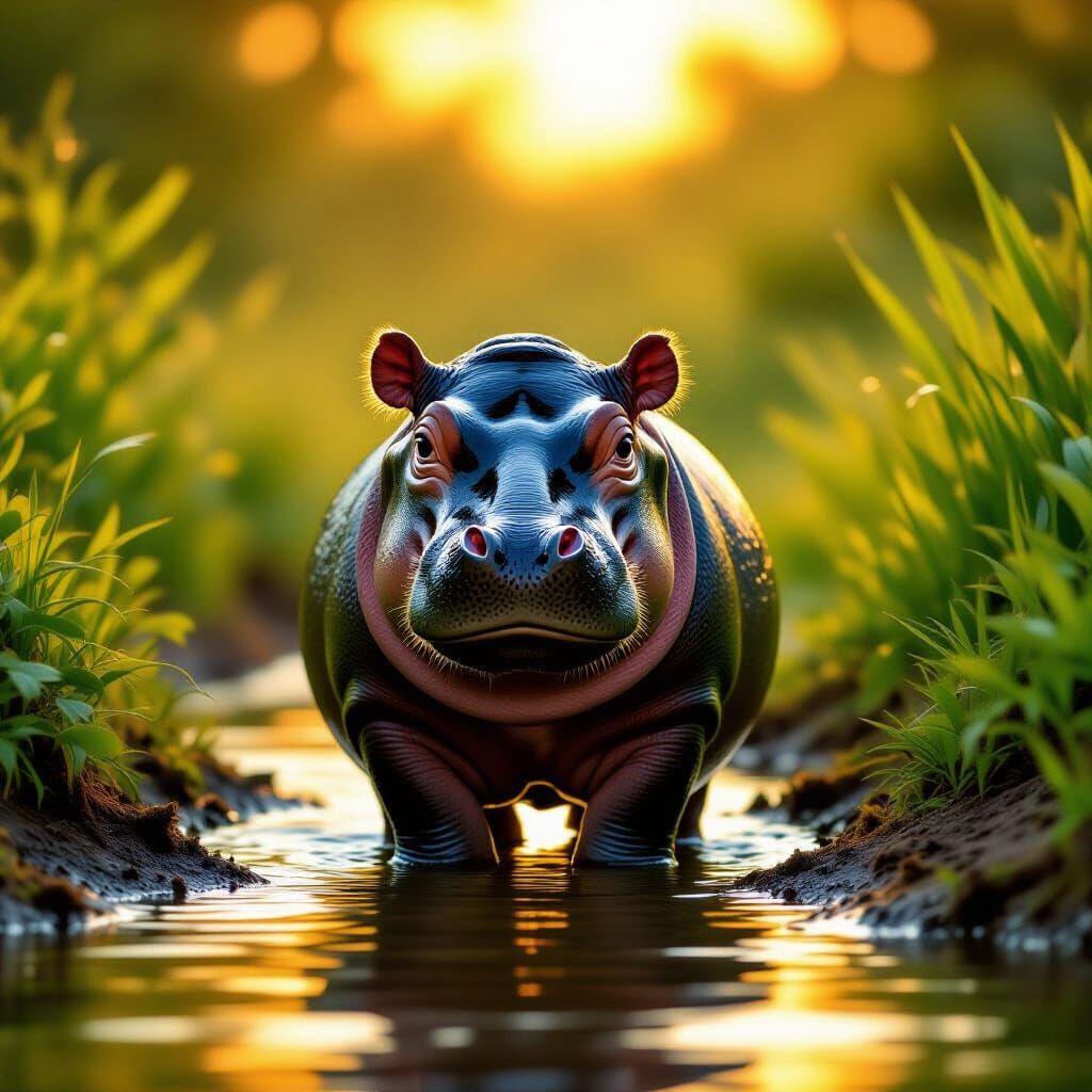 Pygmy Hippo at Golden Hour Riverbank