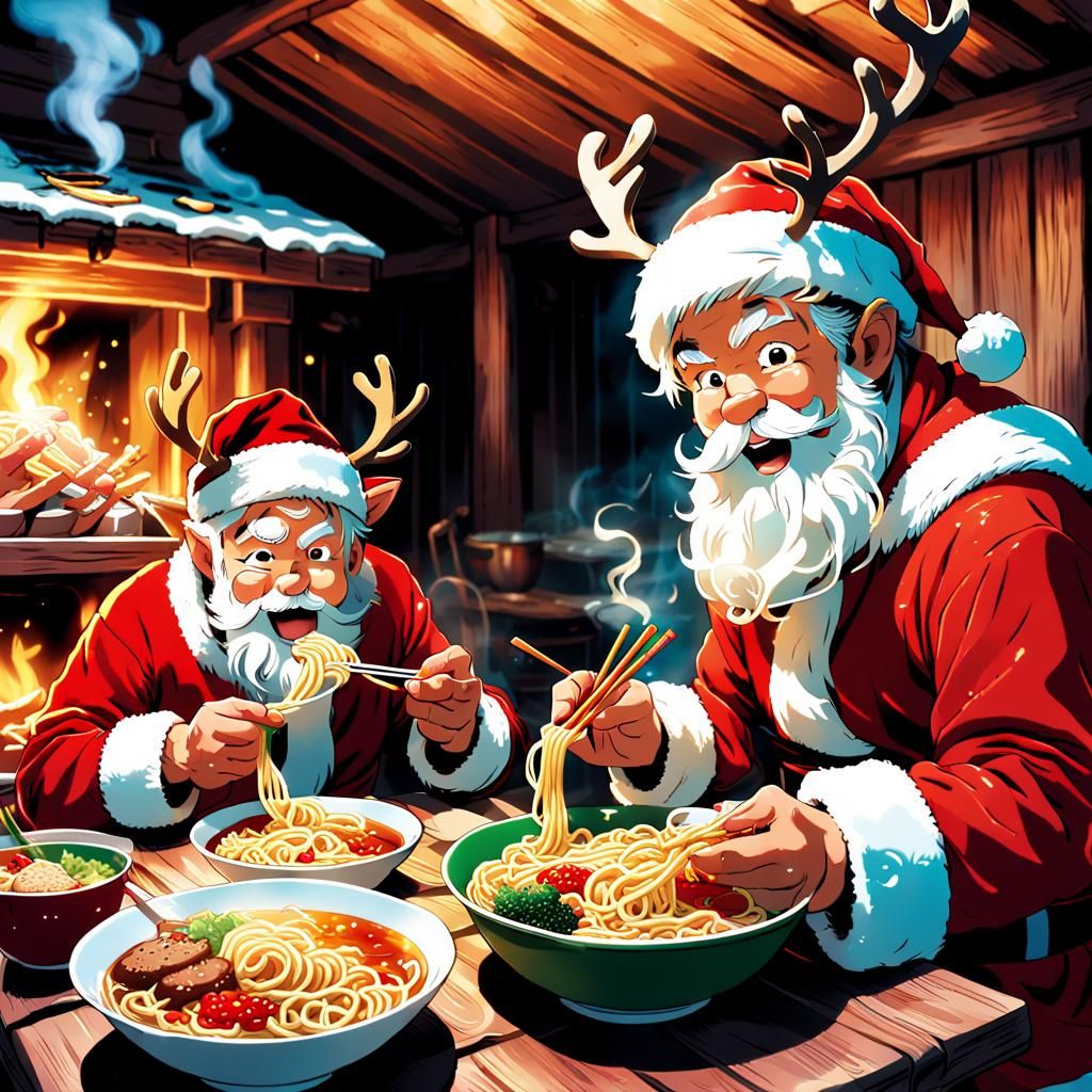 Vibrant Anime-Style Santa Claus Enjoy Instant Noodles Cozy C...