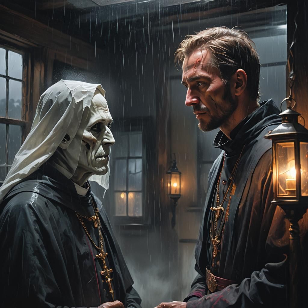 Ethereal Horror: Ghost Confronts Frightened Priest in Attic