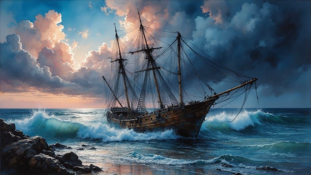 Wrecked Sailing Ship on Tropical Island at Dusk