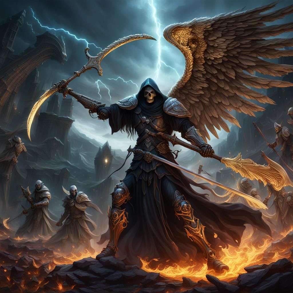 Angels of Light Defy the Grim Reaper in Vibrant Fantasy Art