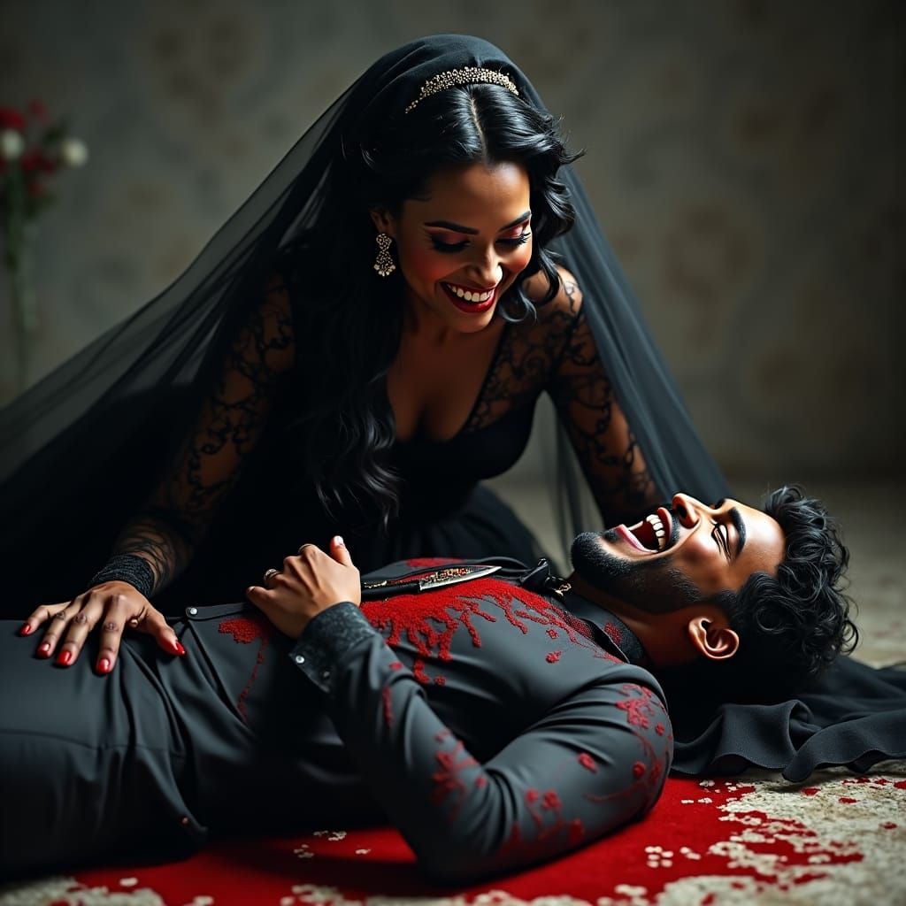 Midnight Bride in a Macabre Dance with Death as a Cyberpunk...