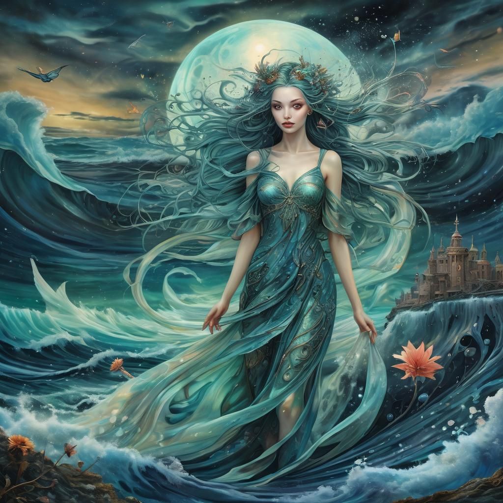 Surreal Fairy in Cosmic Stormy Seascape
