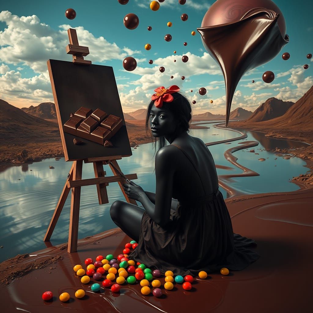 Surreal Chocolate River Scene in Vibrant Colors